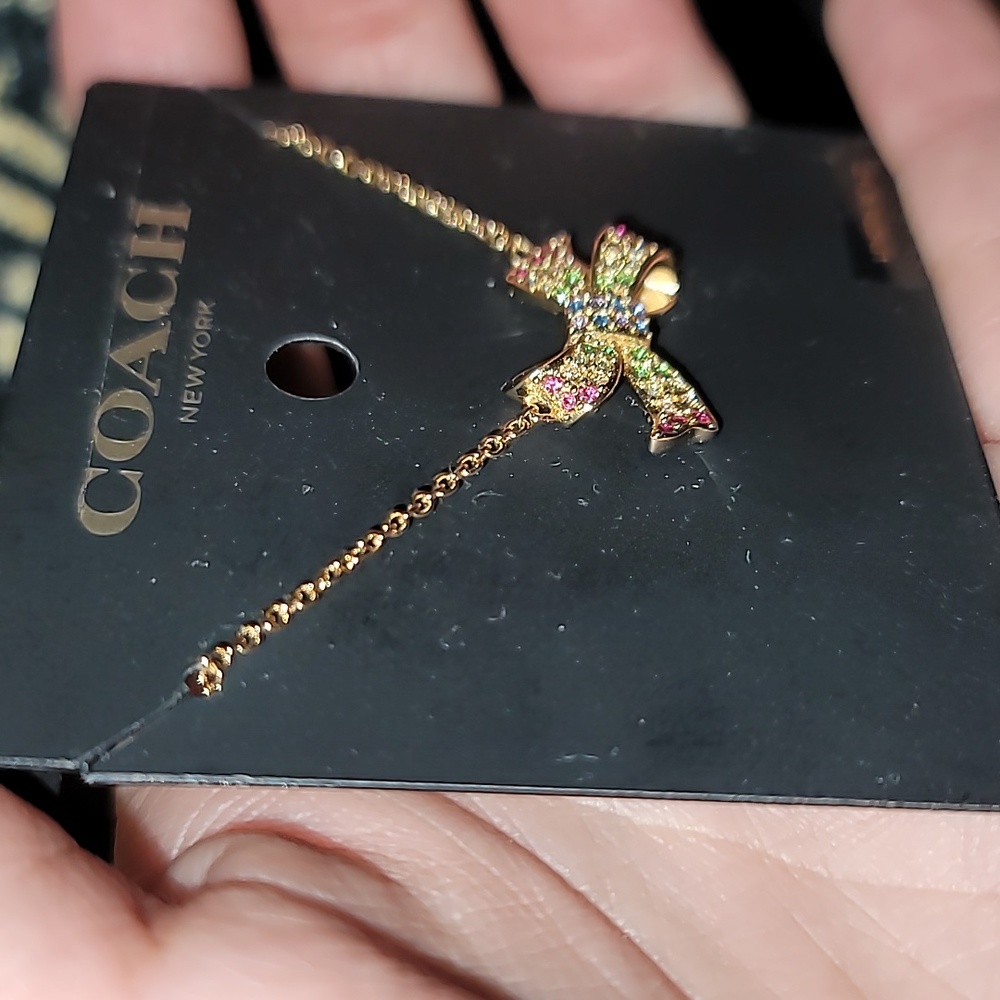 Coach Pave Bow necklace multicolored gold tone 16-22in New 🎀 - Picture 2 of 5